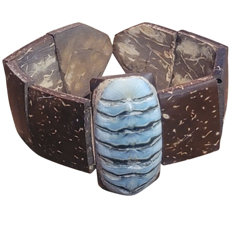 Vintage Coconut Wood Bracelet With Chiton Shell Centerpiece 1970s Beach